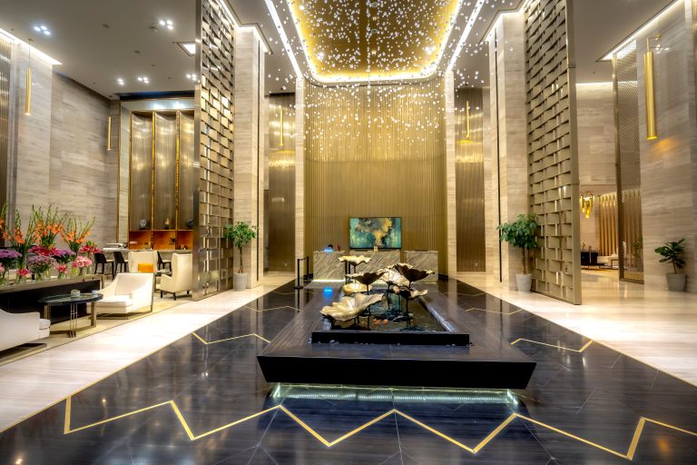 5-star Meliá Vinpearl Thanh Hoa Hotel, Vietnam - February 18, 2024: See the interior of the reception lobby of 5-star Meliá Vinpearl Thanh Hoa Hotel, Thanh Hoa City, Vietnam