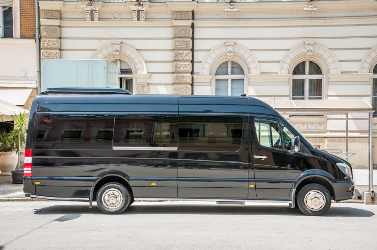 Mercedes,Benz,Sprinter,Black,Luxury,Shuttle,Bus,Van,Parked,On